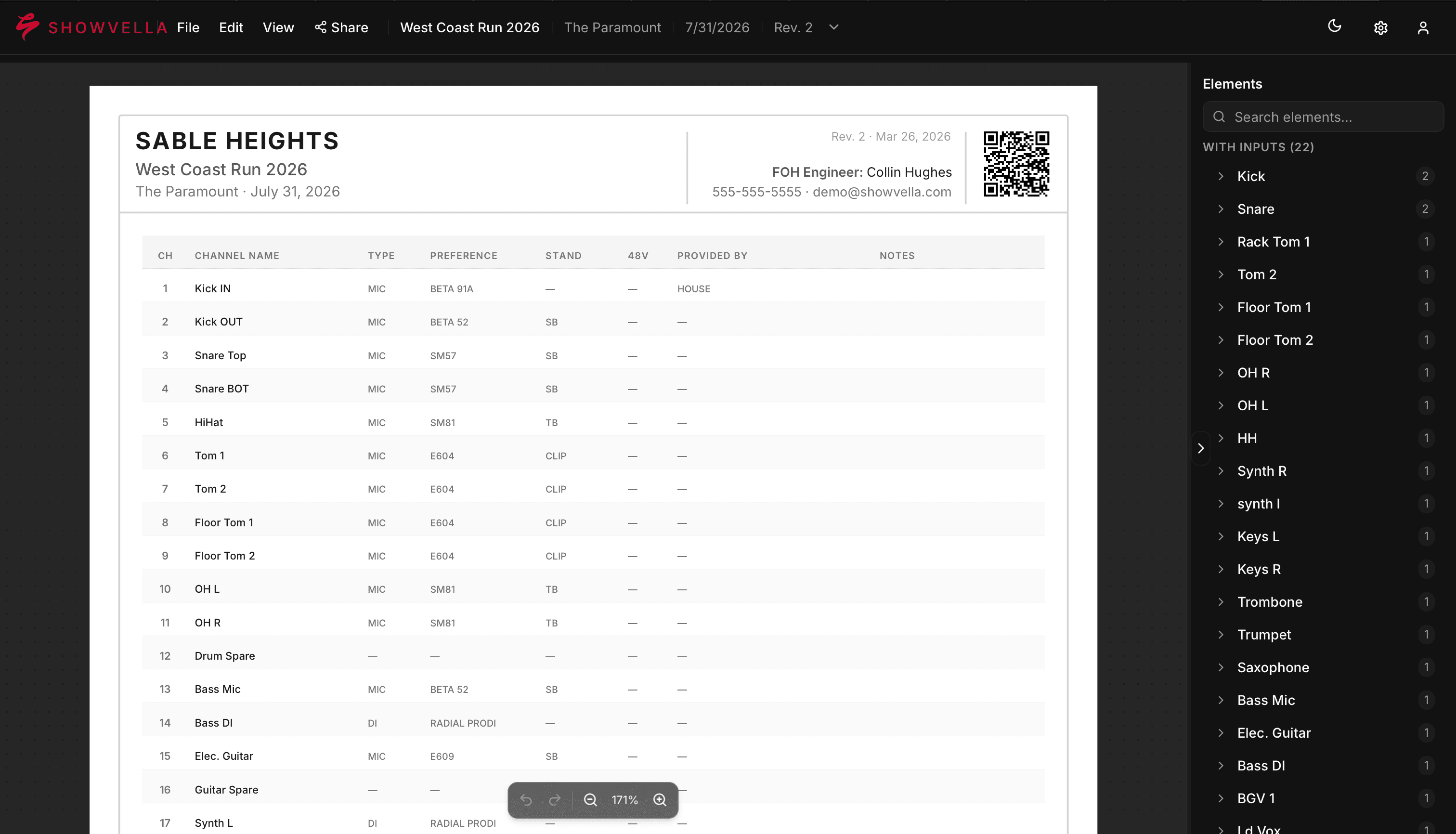 Showvella input list screenshot